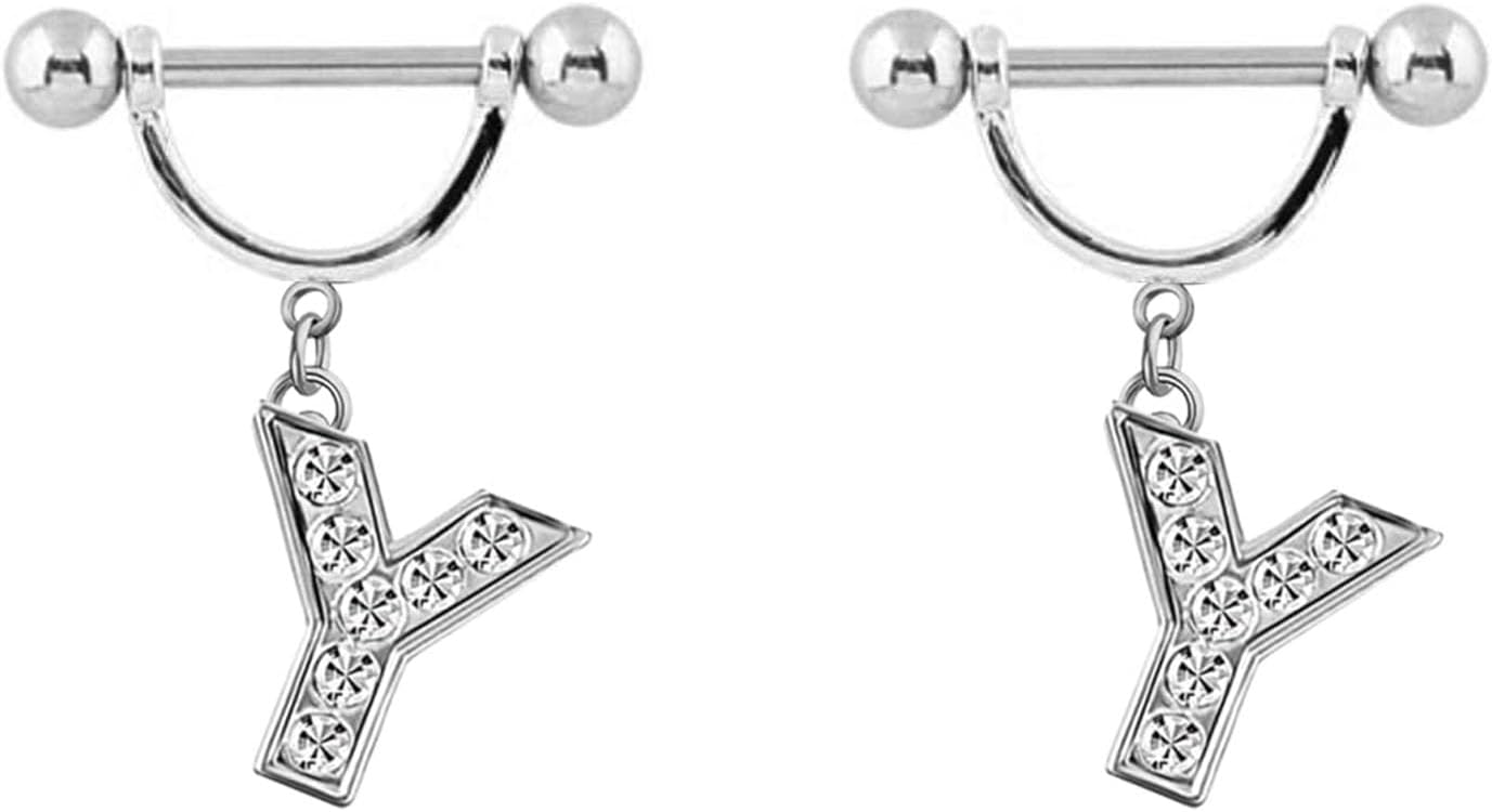 2Pcs 14GA Stainless Steel Nipple Rings Name Initial Letter Nipple Barbell for Women Men English Alphabet Hypoallergenic Body Piercing Jewelry - QIAO CrystalQIAO CrystalQIAO Crystal