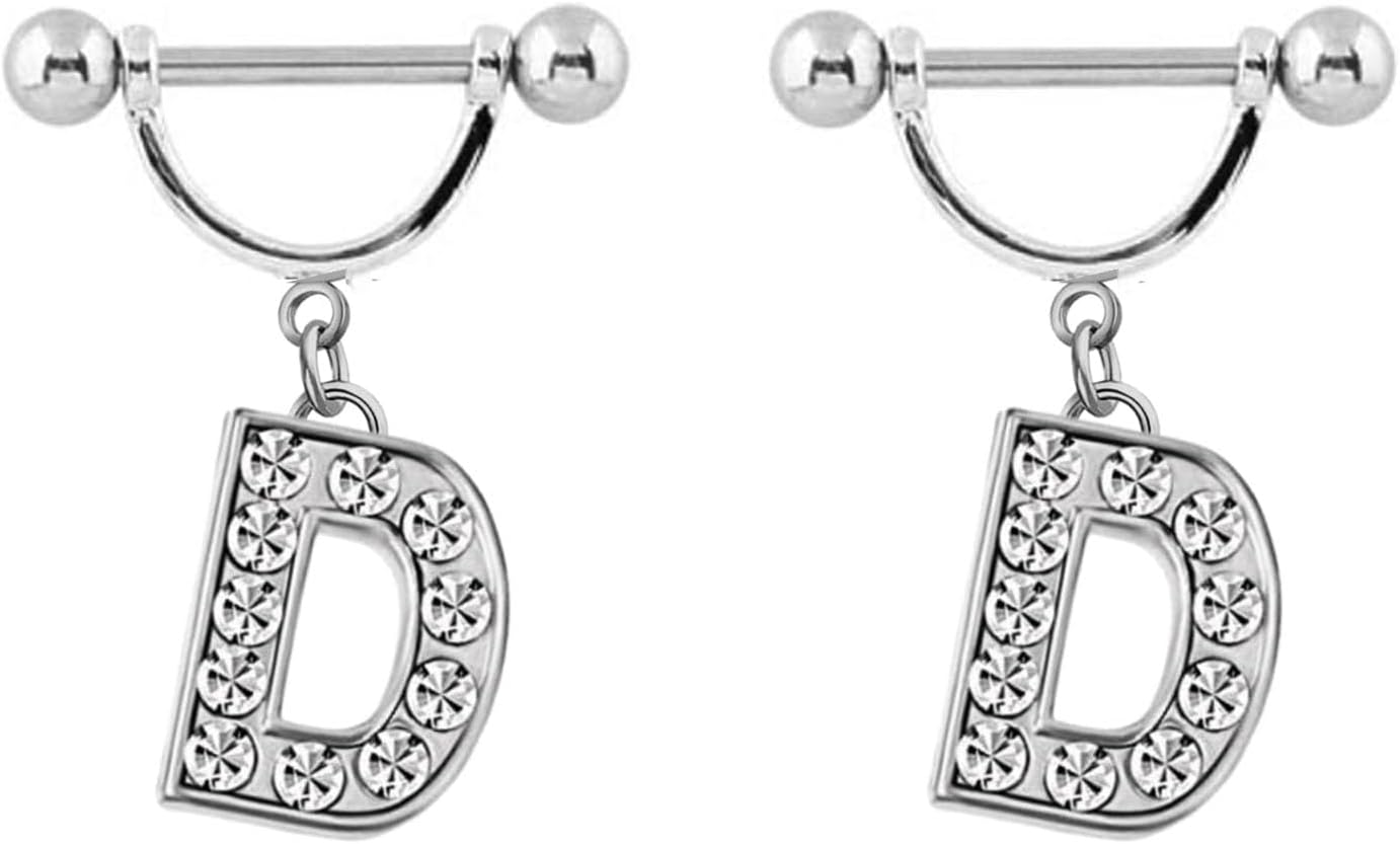 2Pcs 14GA Stainless Steel Nipple Rings Name Initial Letter Nipple Barbell for Women Men English Alphabet Hypoallergenic Body Piercing Jewelry - QIAO CrystalQIAO CrystalQIAO Crystal