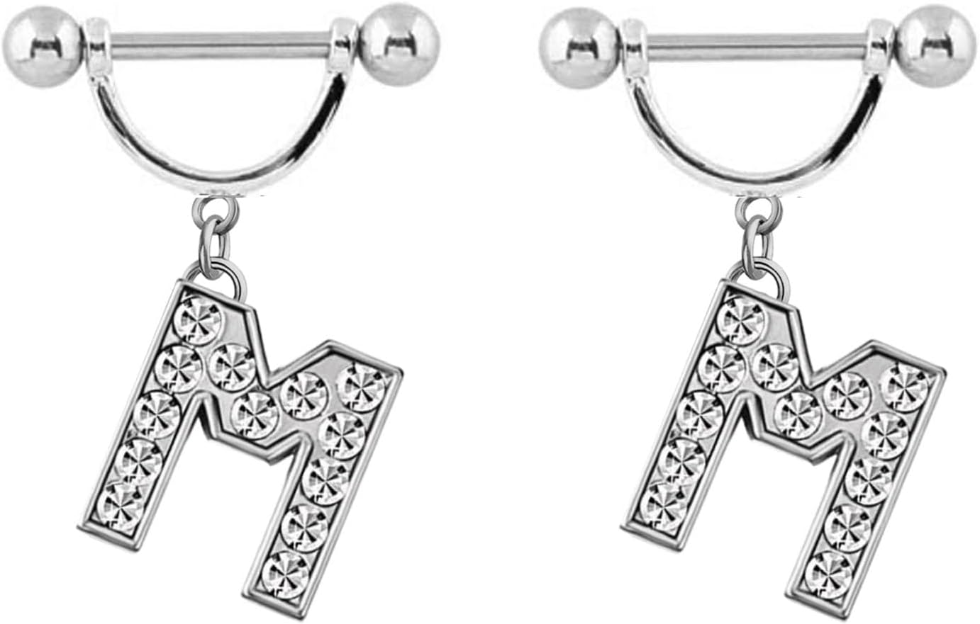 2Pcs 14GA Stainless Steel Nipple Rings Name Initial Letter Nipple Barbell for Women Men English Alphabet Hypoallergenic Body Piercing Jewelry - QIAO CrystalQIAO CrystalQIAO Crystal