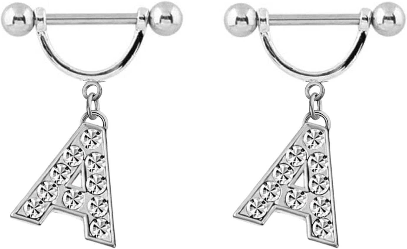 2Pcs 14GA Stainless Steel Nipple Rings Name Initial Letter Nipple Barbell for Women Men English Alphabet Hypoallergenic Body Piercing Jewelry - QIAO CrystalQIAO CrystalQIAO Crystal