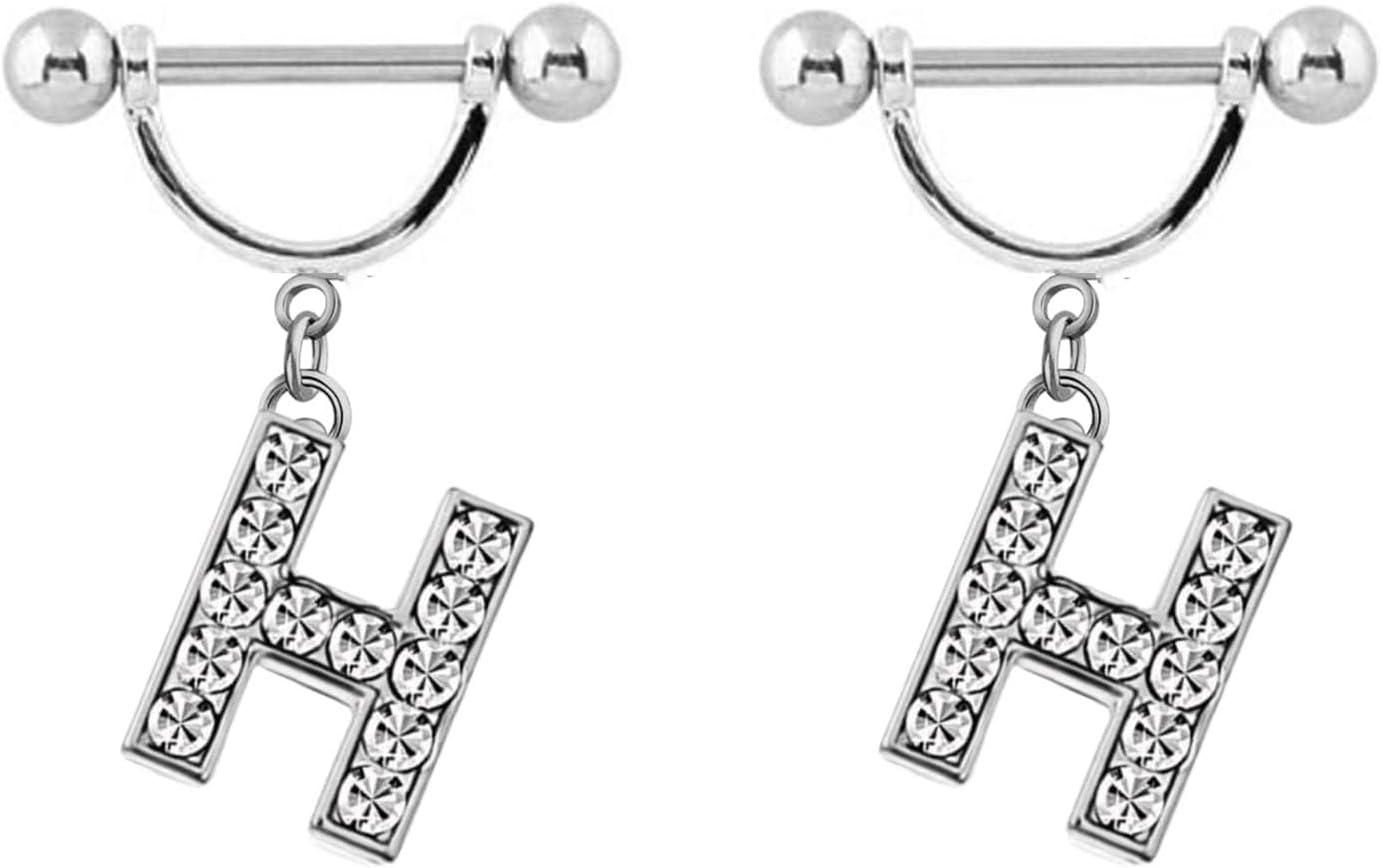 2Pcs 14GA Stainless Steel Nipple Rings Name Initial Letter Nipple Barbell for Women Men English Alphabet Hypoallergenic Body Piercing Jewelry - QIAO CrystalQIAO CrystalQIAO Crystal