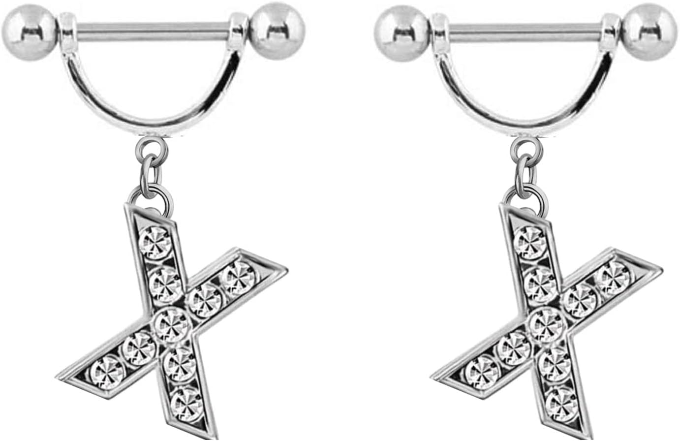 2Pcs 14GA Stainless Steel Nipple Rings Name Initial Letter Nipple Barbell for Women Men English Alphabet Hypoallergenic Body Piercing Jewelry - QIAO CrystalQIAO CrystalQIAO Crystal
