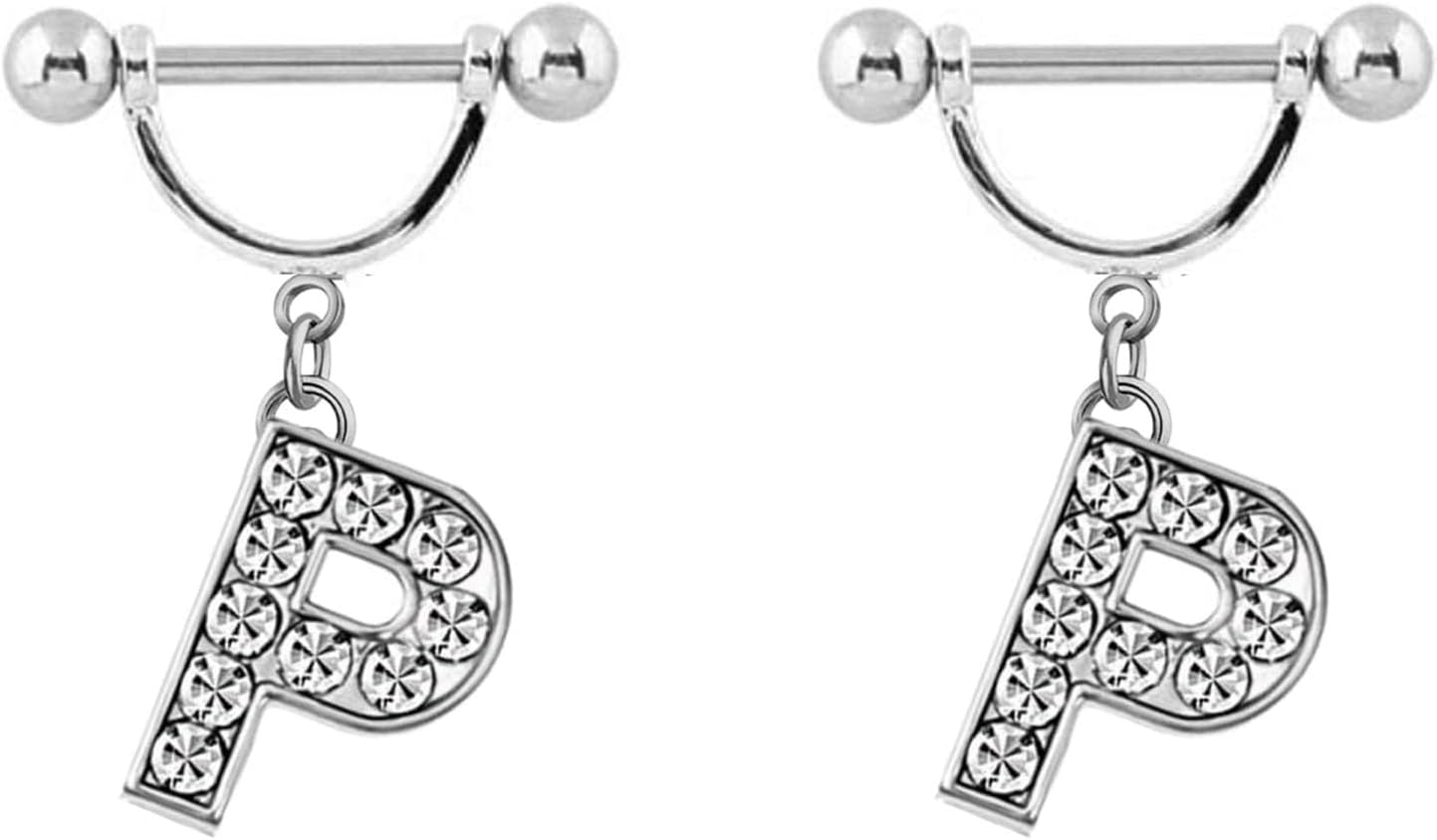 2Pcs 14GA Stainless Steel Nipple Rings Name Initial Letter Nipple Barbell for Women Men English Alphabet Hypoallergenic Body Piercing Jewelry - QIAO CrystalQIAO CrystalQIAO Crystal