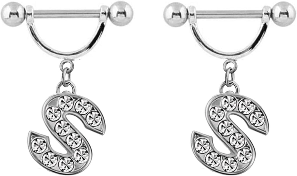 2Pcs 14GA Stainless Steel Nipple Rings Name Initial Letter Nipple Barbell for Women Men English Alphabet Hypoallergenic Body Piercing Jewelry - QIAO CrystalQIAO CrystalQIAO Crystal