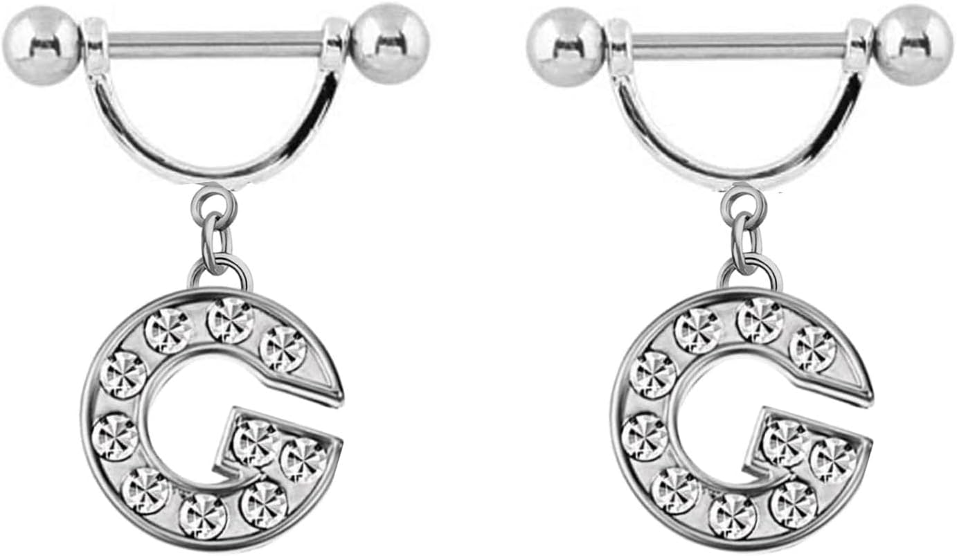 2Pcs 14GA Stainless Steel Nipple Rings Name Initial Letter Nipple Barbell for Women Men English Alphabet Hypoallergenic Body Piercing Jewelry - QIAO CrystalQIAO CrystalQIAO Crystal