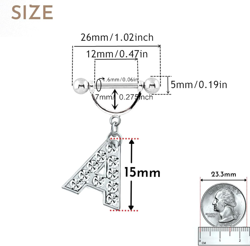 2Pcs 14GA Stainless Steel Nipple Rings Name Initial Letter Nipple Barbell for Women Men English Alphabet Hypoallergenic Body Piercing Jewelry - QIAO CrystalQIAO CrystalQIAO Crystal