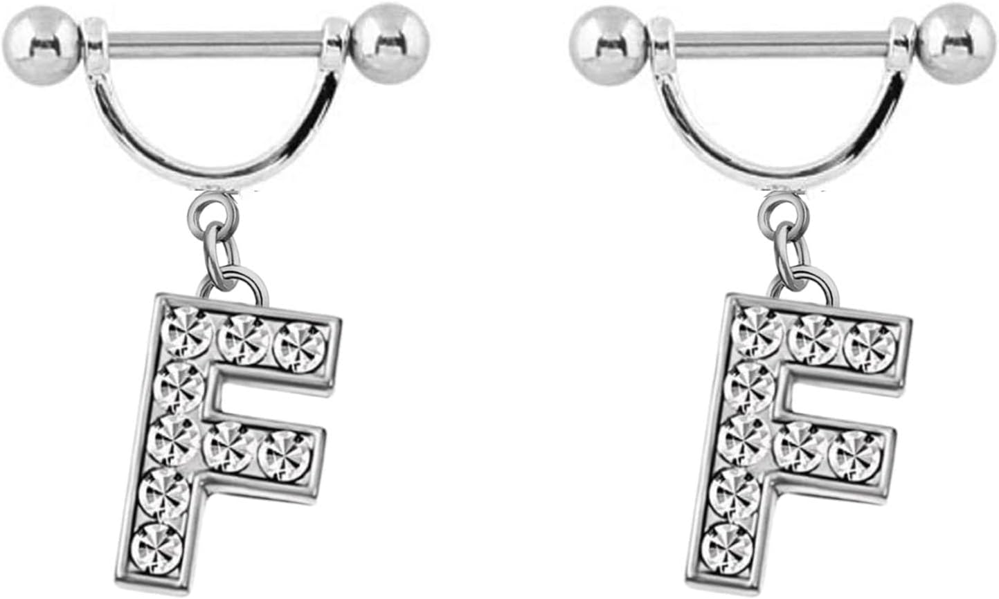 2Pcs 14GA Stainless Steel Nipple Rings Name Initial Letter Nipple Barbell for Women Men English Alphabet Hypoallergenic Body Piercing Jewelry - QIAO CrystalQIAO CrystalQIAO Crystal