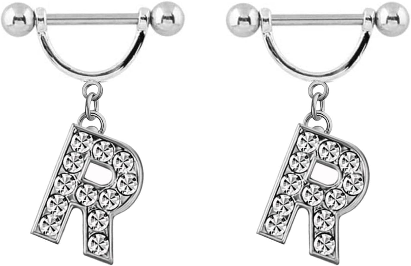 2Pcs 14GA Stainless Steel Nipple Rings Name Initial Letter Nipple Barbell for Women Men English Alphabet Hypoallergenic Body Piercing Jewelry - QIAO CrystalQIAO CrystalQIAO Crystal