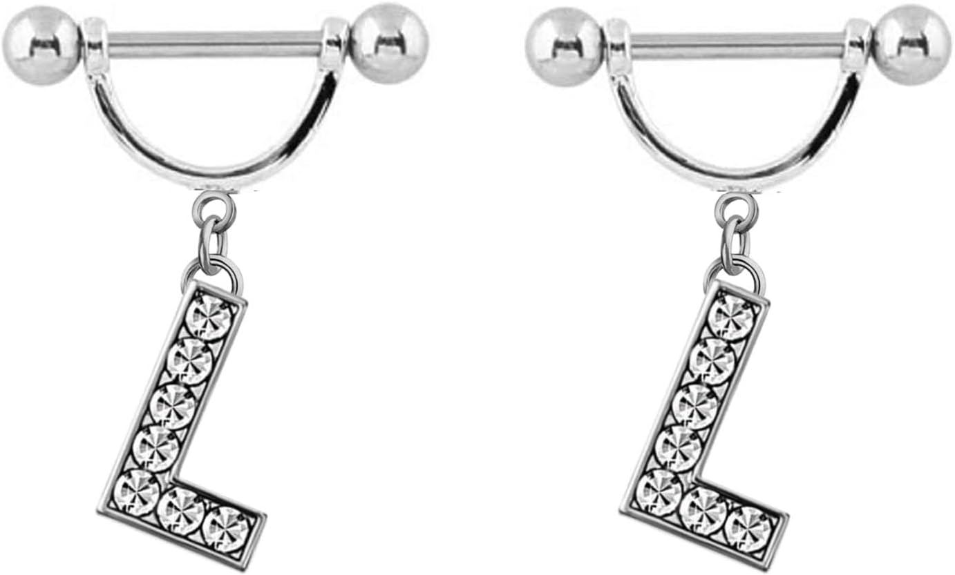 2Pcs 14GA Stainless Steel Nipple Rings Name Initial Letter Nipple Barbell for Women Men English Alphabet Hypoallergenic Body Piercing Jewelry - QIAO CrystalQIAO CrystalQIAO Crystal