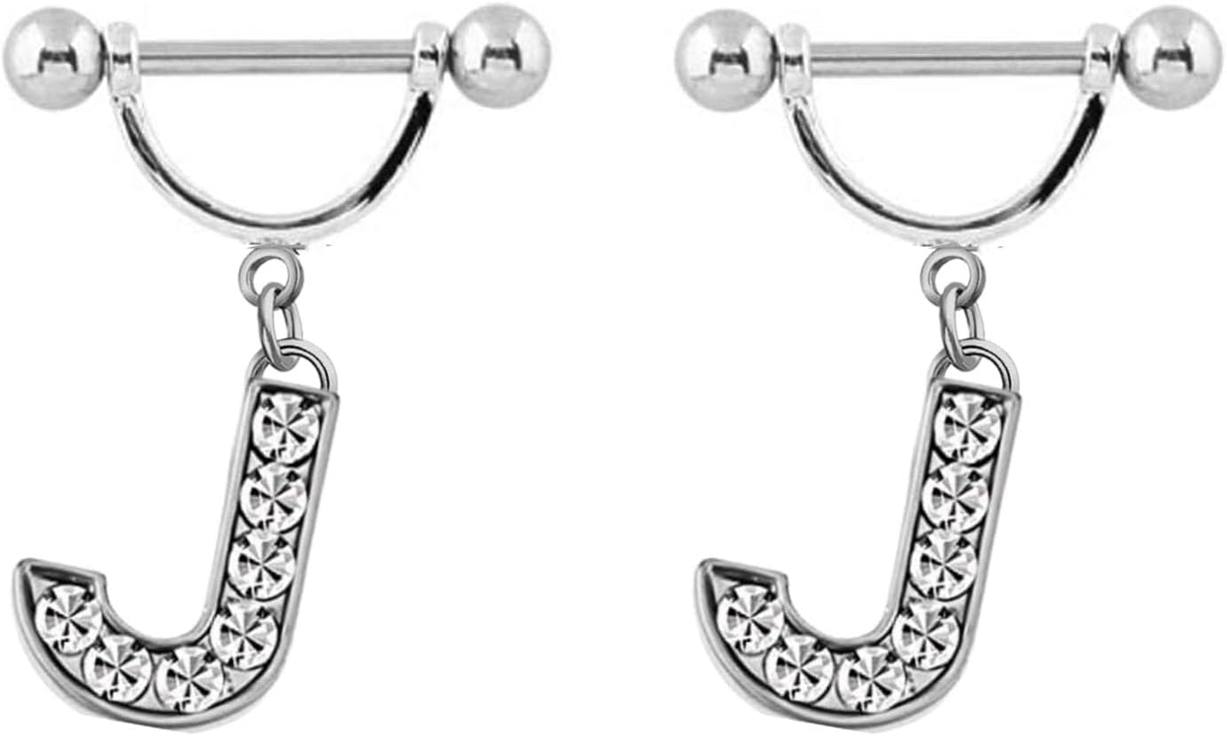 2Pcs 14GA Stainless Steel Nipple Rings Name Initial Letter Nipple Barbell for Women Men English Alphabet Hypoallergenic Body Piercing Jewelry - QIAO CrystalQIAO CrystalQIAO Crystal