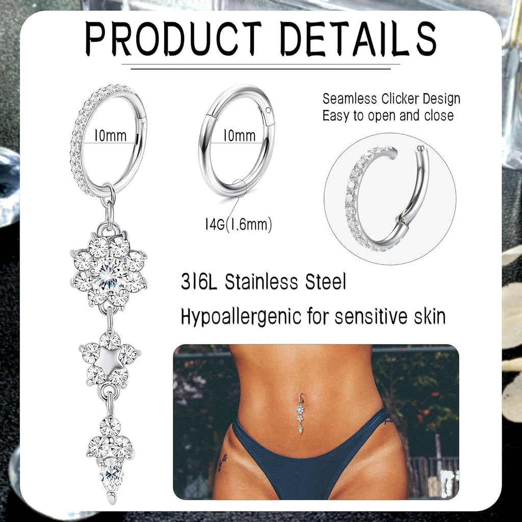 2Pcs Belly Button Rings for Women Surgical Stainless Steel Clicker Belly Rings Hoop CZ Heart Butterfly Dangle Navel Rings Belly Piercing Jewelry Silver Tone 14G - 我的商店我的商店我的商店