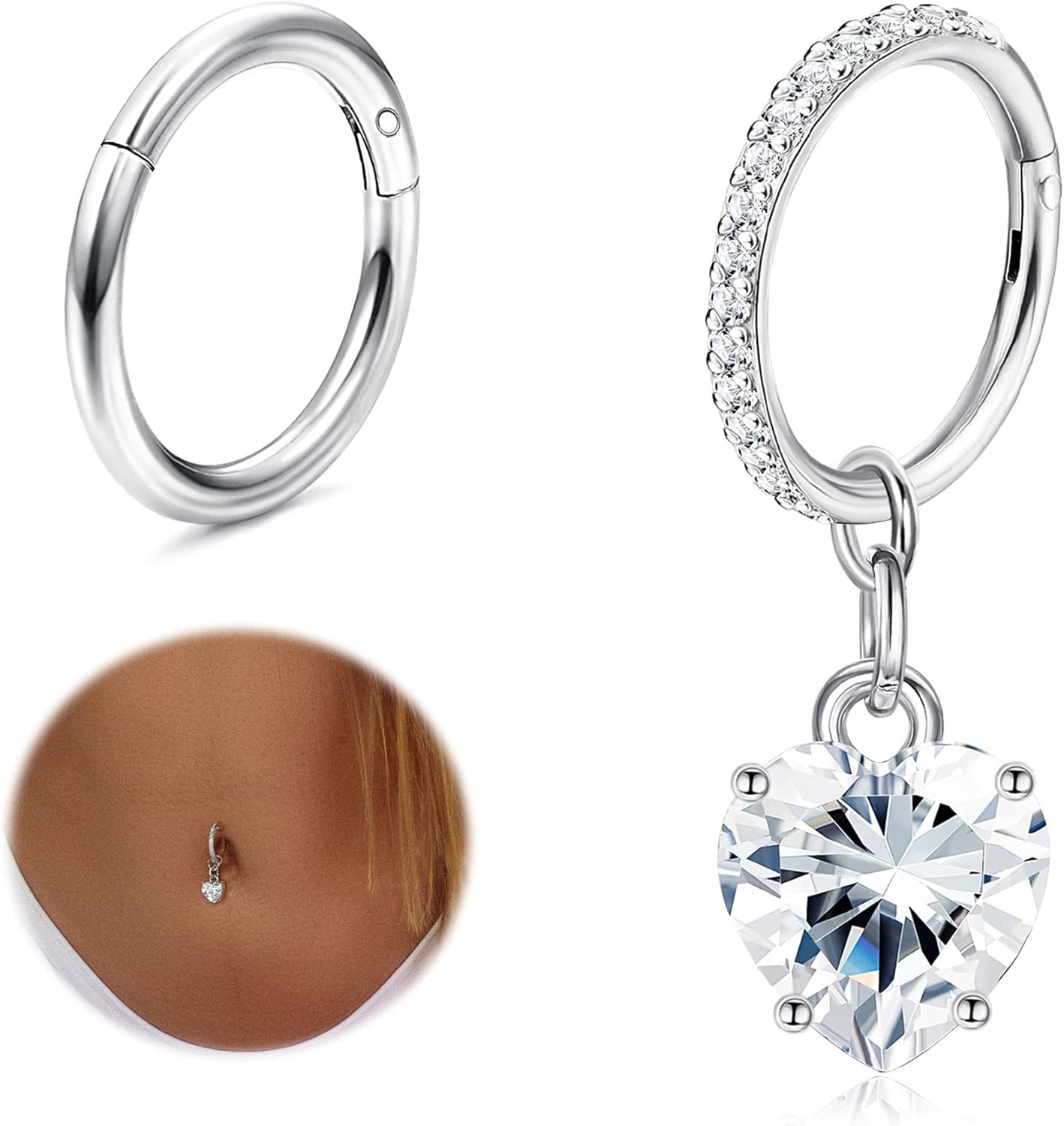 2Pcs Belly Button Rings for Women Surgical Stainless Steel Clicker Belly Rings Hoop CZ Heart Butterfly Dangle Navel Rings Belly Piercing Jewelry Silver Tone 14G - 我的商店我的商店我的商店
