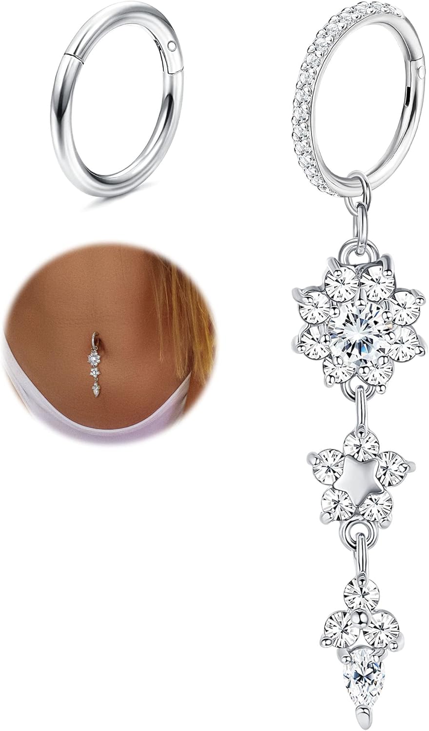 2Pcs Belly Button Rings for Women Surgical Stainless Steel Clicker Belly Rings Hoop CZ Heart Butterfly Dangle Navel Rings Belly Piercing Jewelry Silver Tone 14G - 我的商店我的商店我的商店