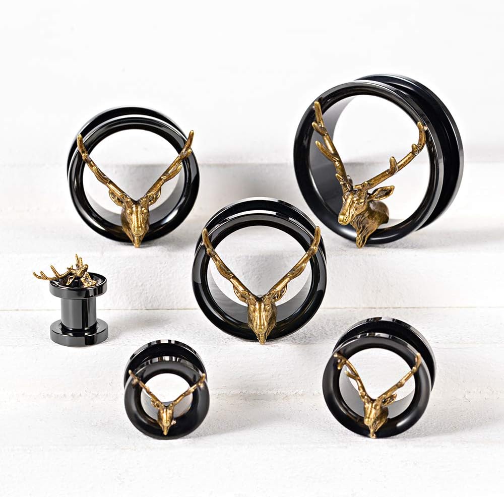 2PCS Black Stainless Steel Deer Style Ear Plugs Tunnels Gauges Stretcher Tunnel Ear Plug Piercing Jewelry 2g - 1" in 6mm - 25mm - QIAO CrystalQIAO CrystalQIAO Crystal