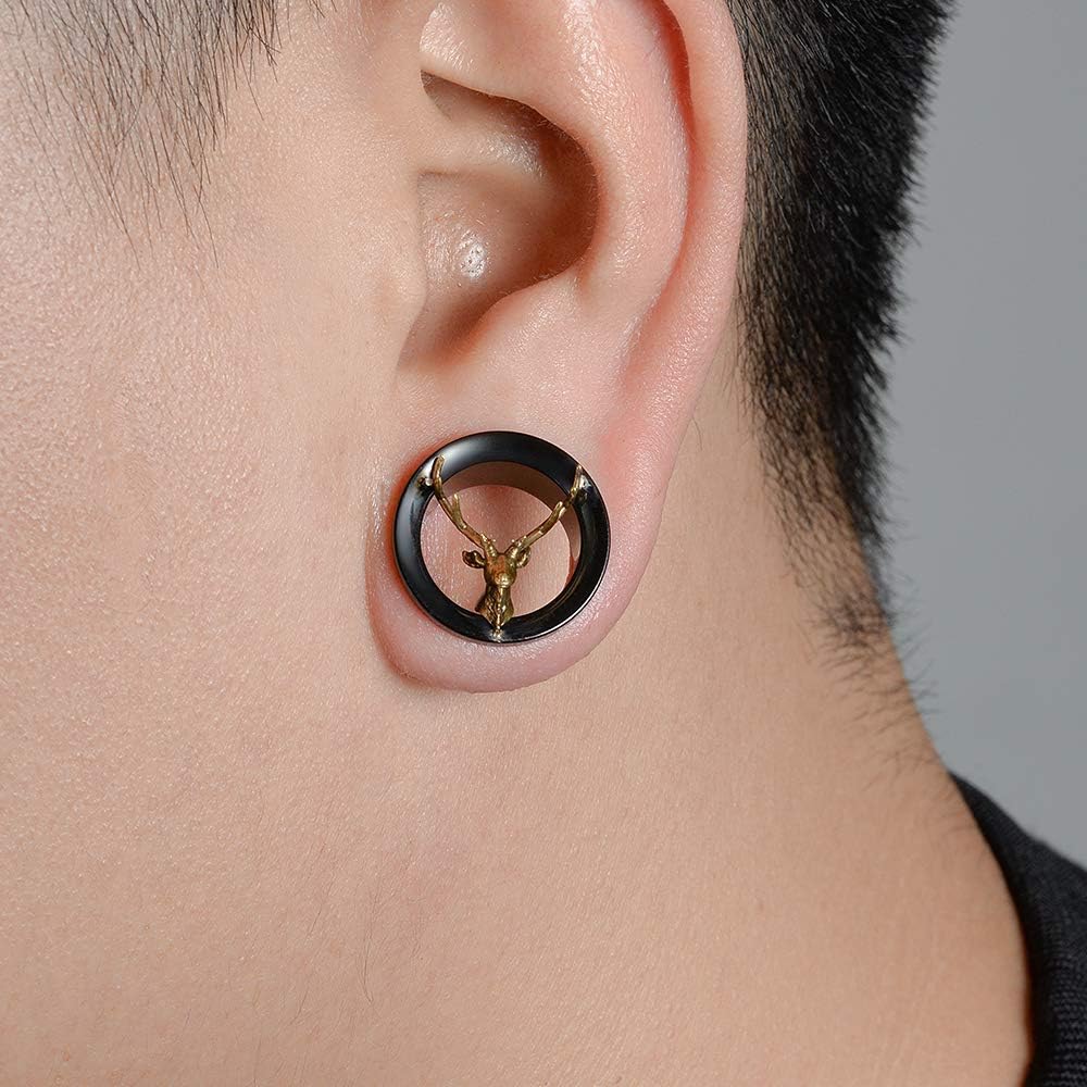 2PCS Black Stainless Steel Deer Style Ear Plugs Tunnels Gauges Stretcher Tunnel Ear Plug Piercing Jewelry 2g - 1" in 6mm - 25mm - QIAO CrystalQIAO CrystalQIAO Crystal