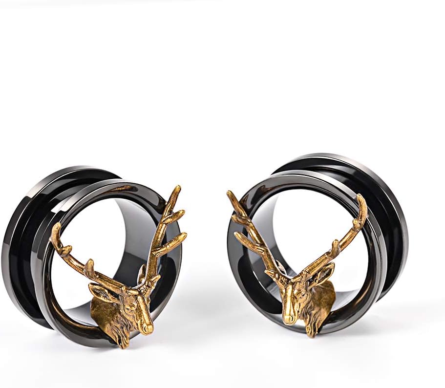 2PCS Black Stainless Steel Deer Style Ear Plugs Tunnels Gauges Stretcher Tunnel Ear Plug Piercing Jewelry 2g - 1" in 6mm - 25mm - QIAO CrystalQIAO CrystalQIAO Crystal