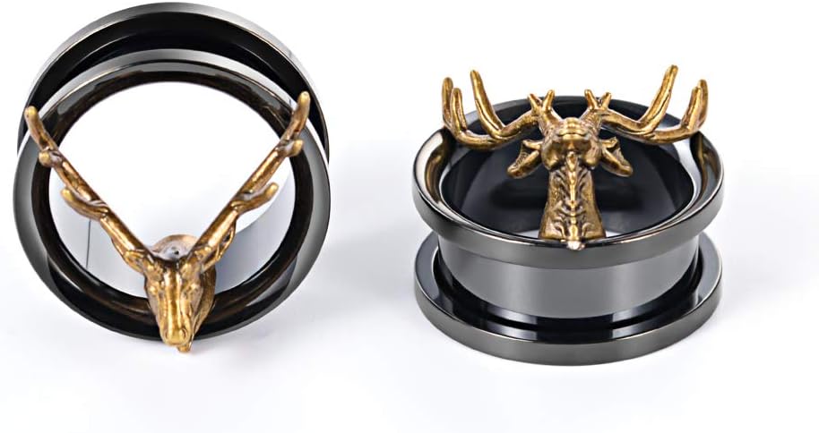 2PCS Black Stainless Steel Deer Style Ear Plugs Tunnels Gauges Stretcher Tunnel Ear Plug Piercing Jewelry 2g - 1" in 6mm - 25mm - QIAO CrystalQIAO CrystalQIAO Crystal