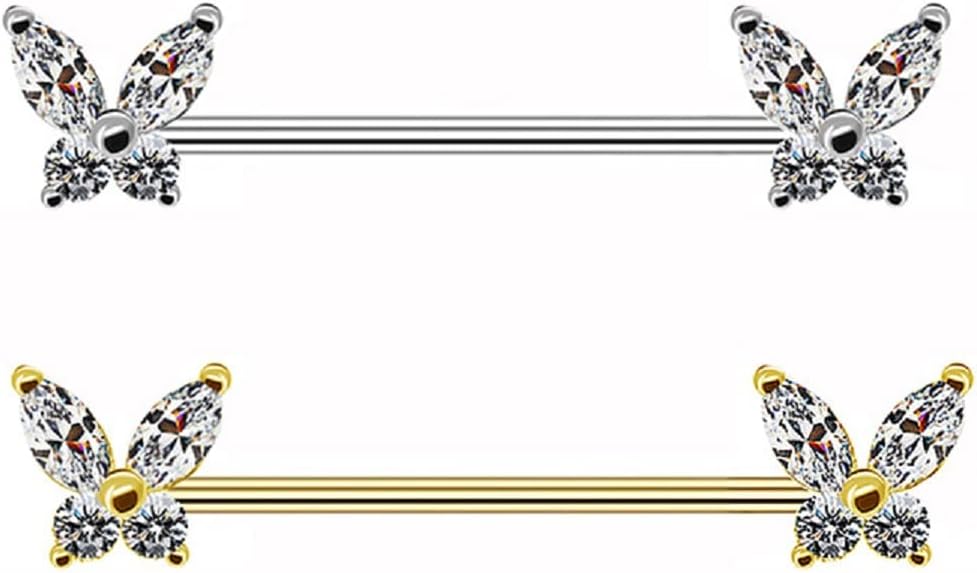 2Pcs Butterfly Flower 14G Stainless Steel Piercing Nipple Rings Set Bee Flower Straight Barbell Cubic Zirconia CZ Butterfly Wings for Women Bar Body Jewelry - QIAO CrystalQIAO CrystalQIAO Crystal