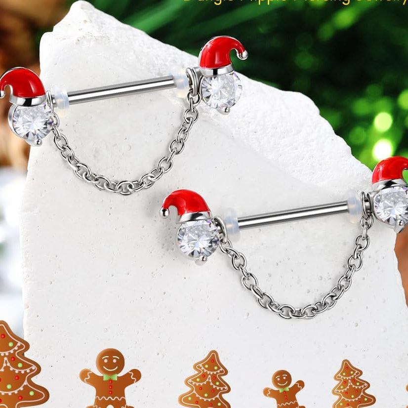 2PCS Christmas Nipple Rings, Nipple Piercing Jewelry Surgical Steel, Santa Claus Chain Nipple Jewelry, Clear CZ Nipple Rings for Women Sexy - QIAO CrystalQIAO CrystalQIAO Crystal