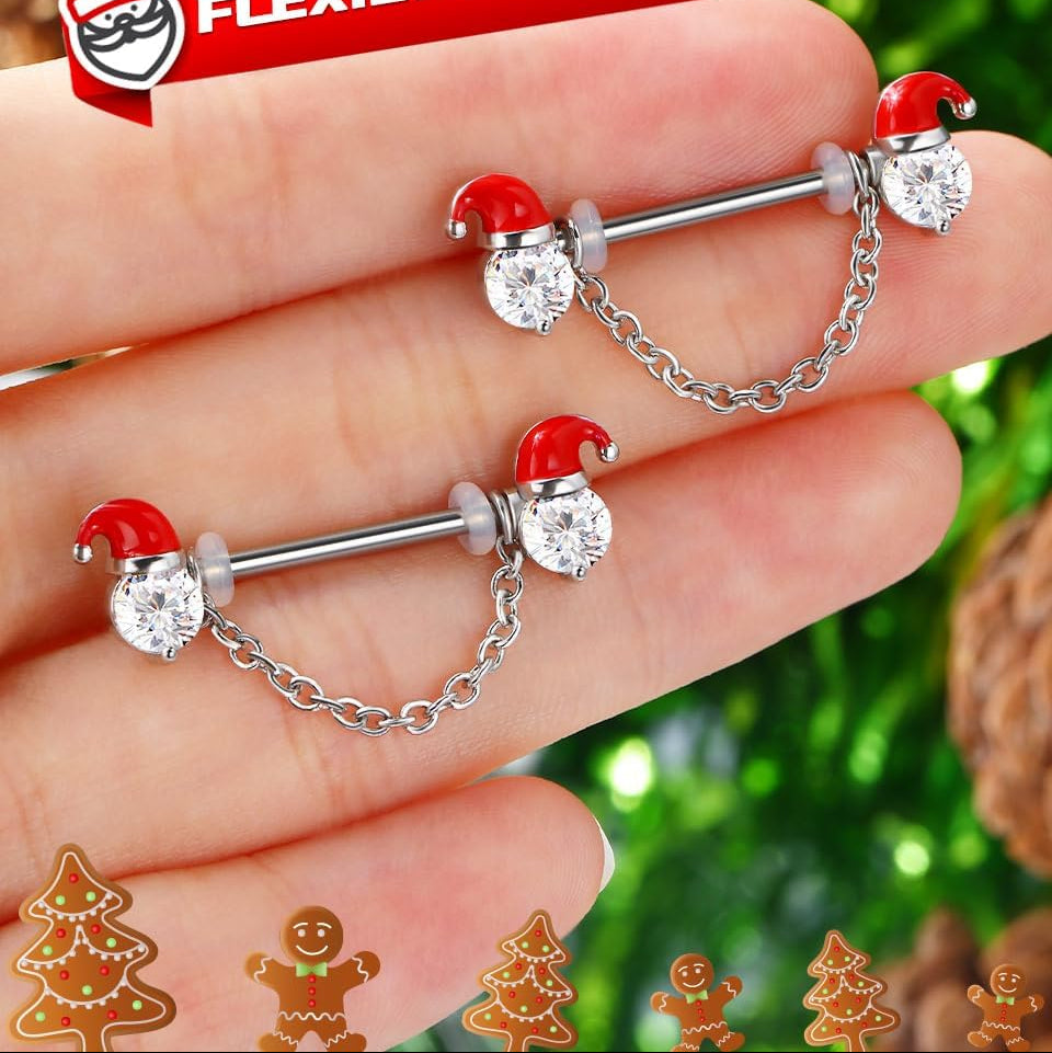 2PCS Christmas Nipple Rings, Nipple Piercing Jewelry Surgical Steel, Santa Claus Chain Nipple Jewelry, Clear CZ Nipple Rings for Women Sexy - QIAO CrystalQIAO CrystalQIAO Crystal