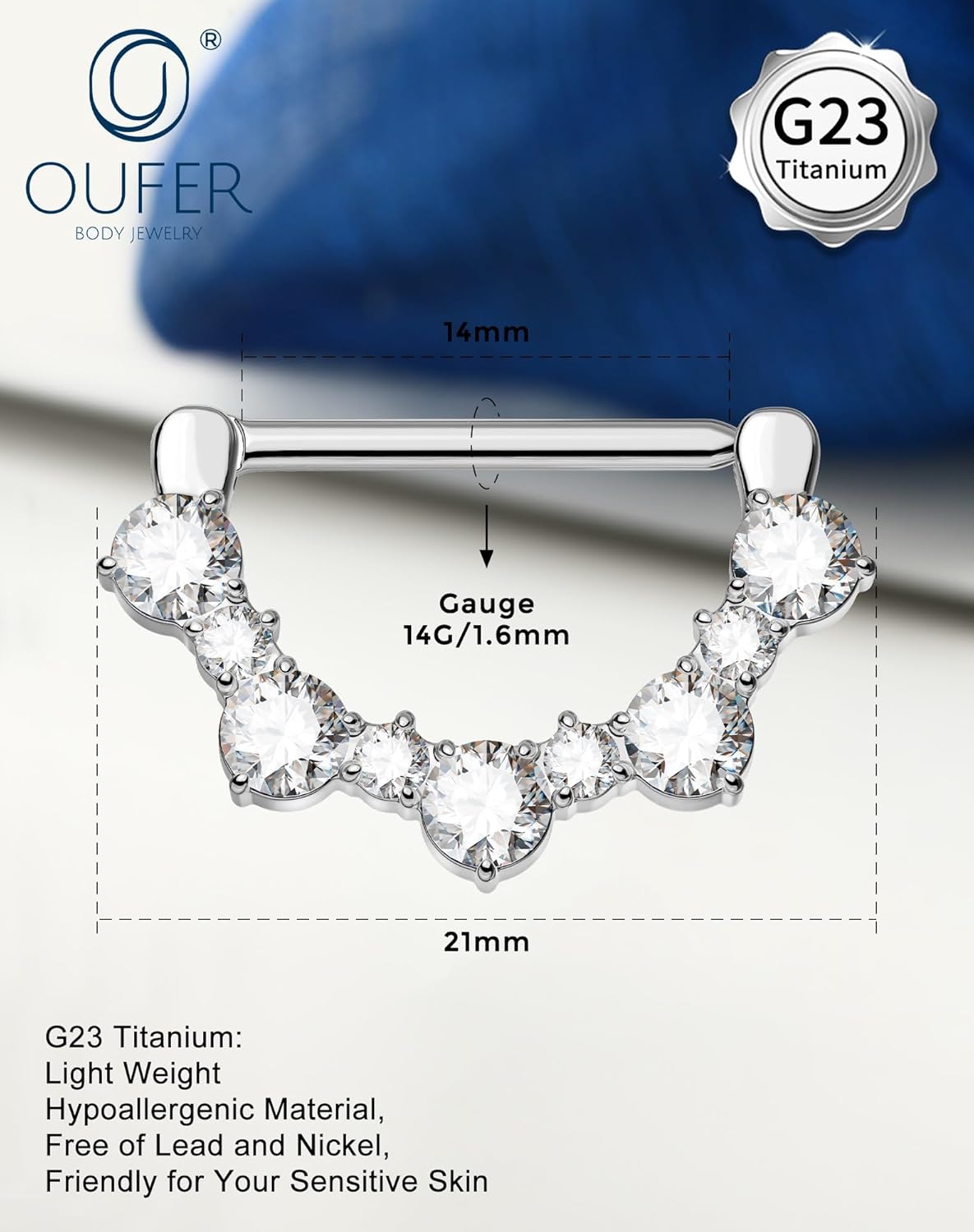 2PCS G23 Titanium Nipple Rings, 14g Nipple Piercing Jewelry, Clear Cubic Zircon Barbell Clicker Piercing Jewelry for Women - QIAO CrystalQIAO CrystalQIAO Crystal