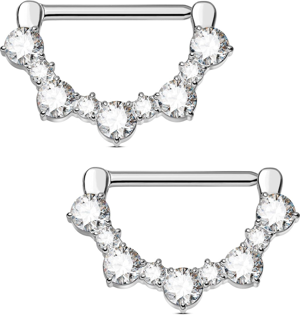 2PCS G23 Titanium Nipple Rings, 14g Nipple Piercing Jewelry, Clear Cubic Zircon Barbell Clicker Piercing Jewelry for Women - QIAO CrystalQIAO CrystalQIAO Crystal