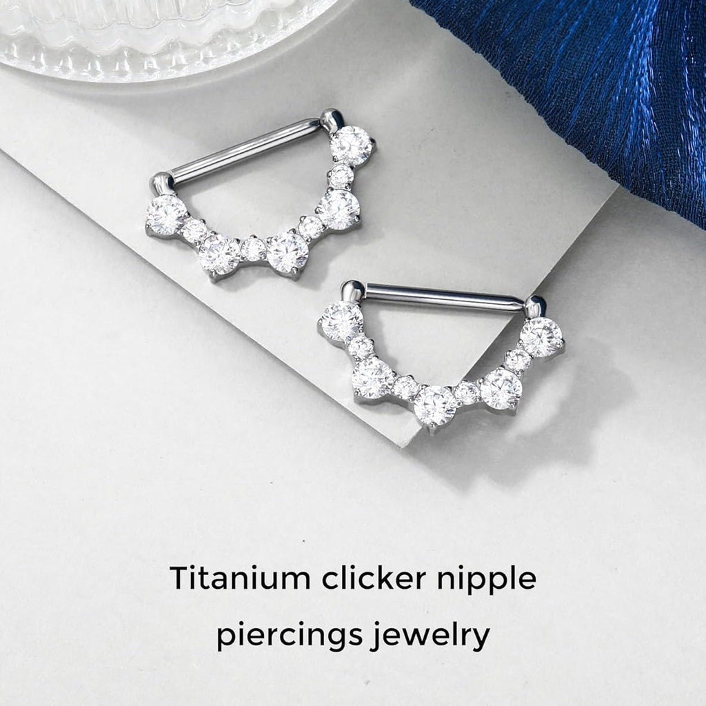 2PCS G23 Titanium Nipple Rings, 14g Nipple Piercing Jewelry, Clear Cubic Zircon Barbell Clicker Piercing Jewelry for Women - QIAO CrystalQIAO CrystalQIAO Crystal
