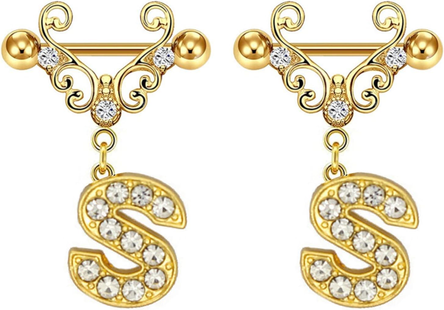 2Pcs Gold Nipple Rings Name Letter Dangle for Women 14GA 316L Surgical Steel Cubic Zirconia Hypoallergenic Nipple Piercing Jewelry - QIAO CrystalQIAO CrystalQIAO Crystal
