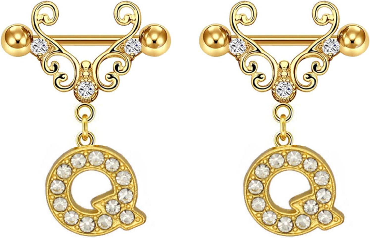 2Pcs Gold Nipple Rings Name Letter Dangle for Women 14GA 316L Surgical Steel Cubic Zirconia Hypoallergenic Nipple Piercing Jewelry - QIAO CrystalQIAO CrystalQIAO Crystal