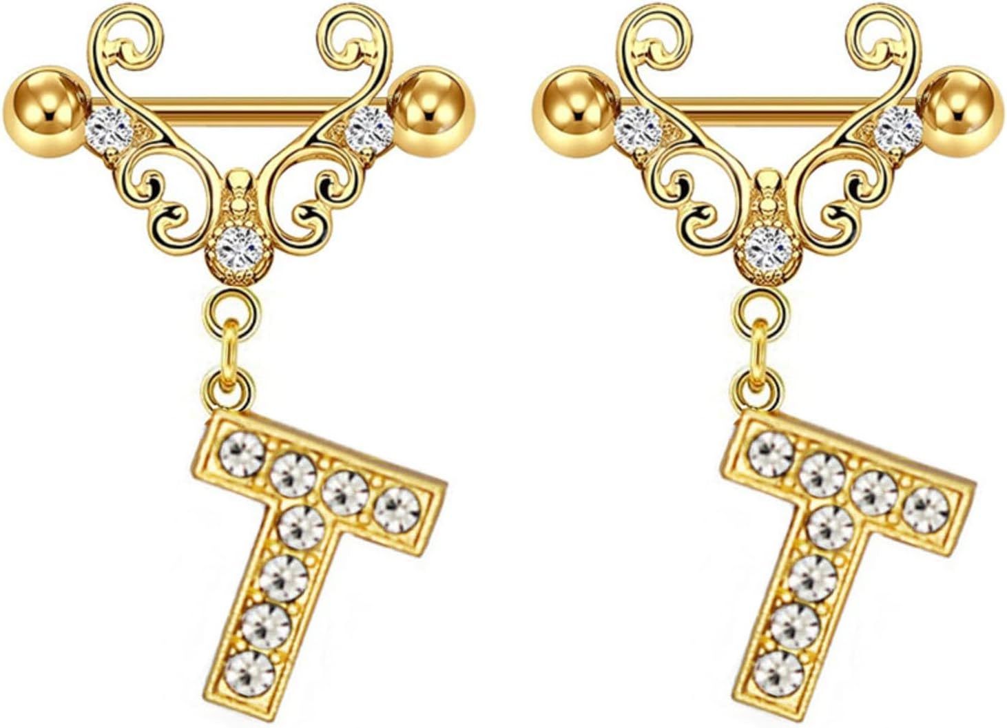 2Pcs Gold Nipple Rings Name Letter Dangle for Women 14GA 316L Surgical Steel Cubic Zirconia Hypoallergenic Nipple Piercing Jewelry - QIAO CrystalQIAO CrystalQIAO Crystal