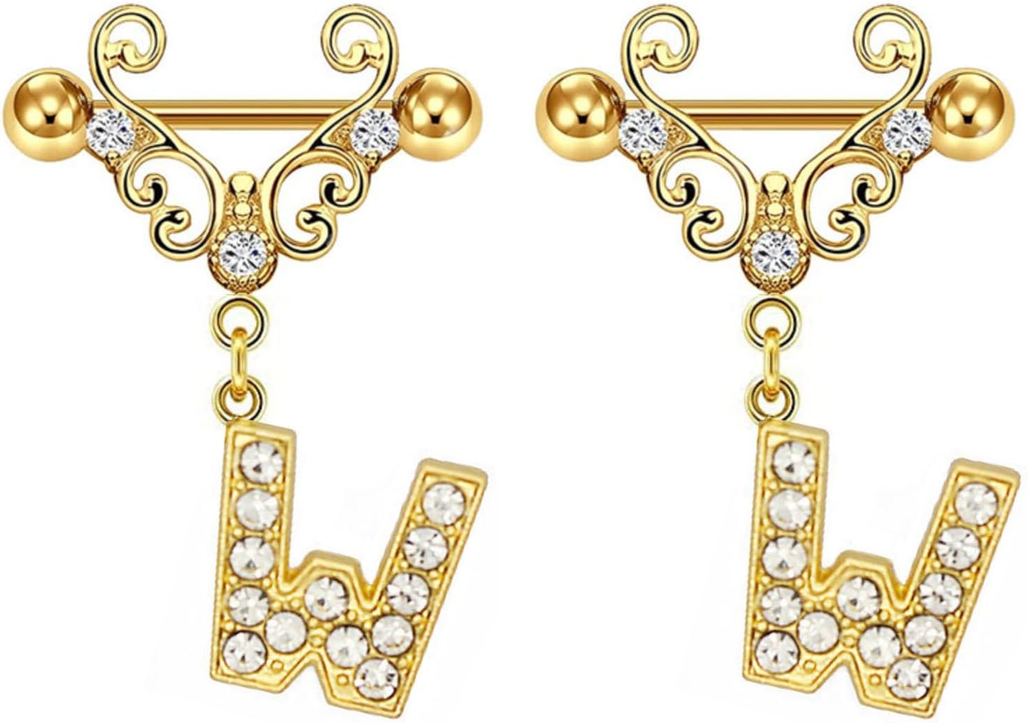 2Pcs Gold Nipple Rings Name Letter Dangle for Women 14GA 316L Surgical Steel Cubic Zirconia Hypoallergenic Nipple Piercing Jewelry - QIAO CrystalQIAO CrystalQIAO Crystal