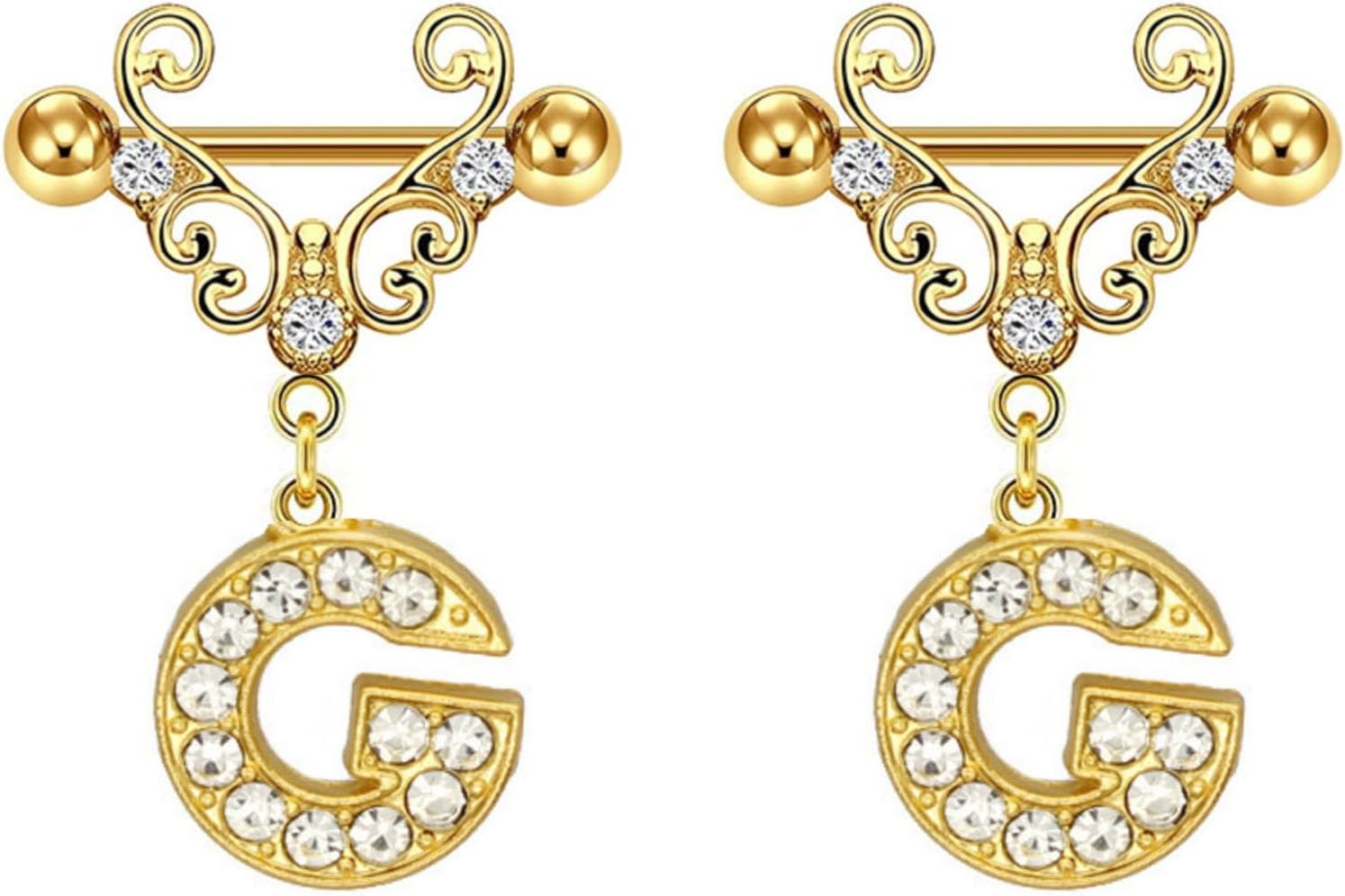 2Pcs Gold Nipple Rings Name Letter Dangle for Women 14GA 316L Surgical Steel Cubic Zirconia Hypoallergenic Nipple Piercing Jewelry - QIAO CrystalQIAO CrystalQIAO Crystal