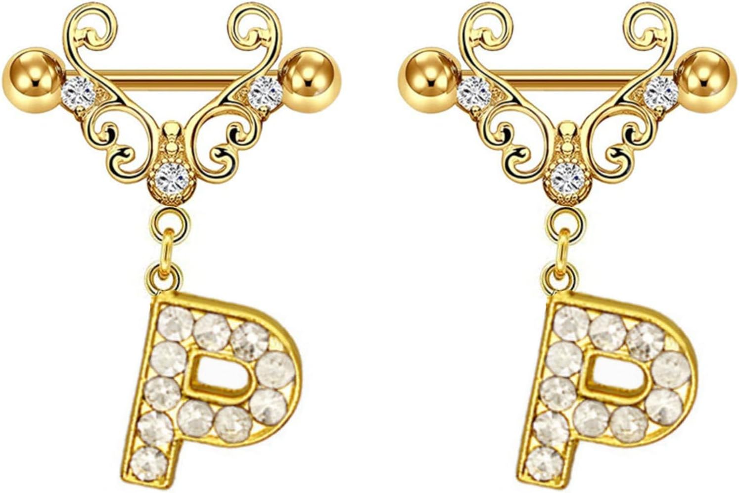 2Pcs Gold Nipple Rings Name Letter Dangle for Women 14GA 316L Surgical Steel Cubic Zirconia Hypoallergenic Nipple Piercing Jewelry - QIAO CrystalQIAO CrystalQIAO Crystal