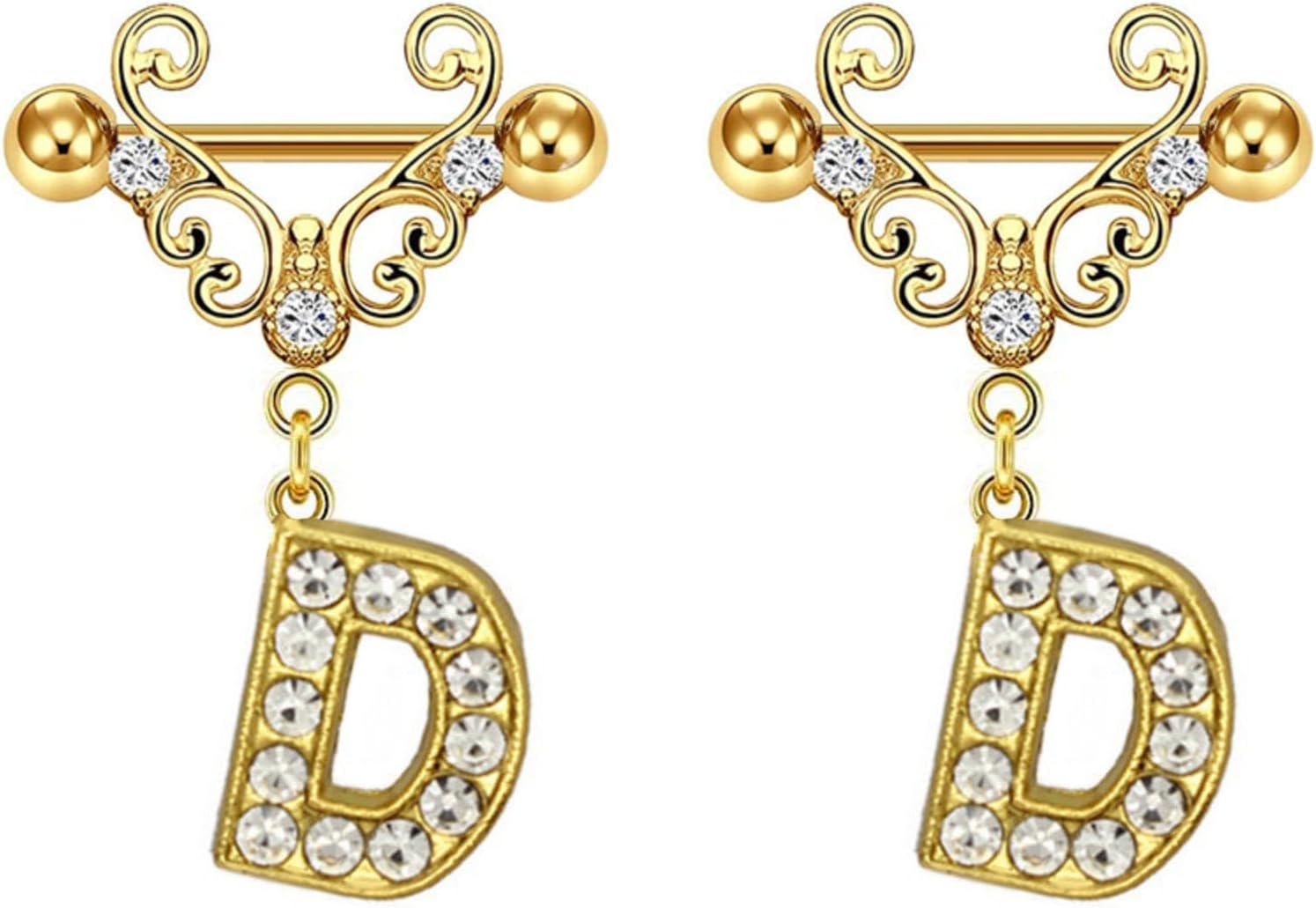2Pcs Gold Nipple Rings Name Letter Dangle for Women 14GA 316L Surgical Steel Cubic Zirconia Hypoallergenic Nipple Piercing Jewelry - QIAO CrystalQIAO CrystalQIAO Crystal