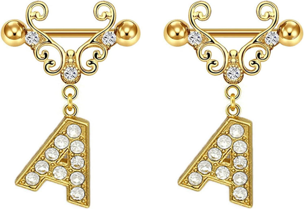 2Pcs Gold Nipple Rings Name Letter Dangle for Women 14GA 316L Surgical Steel Cubic Zirconia Hypoallergenic Nipple Piercing Jewelry - QIAO CrystalQIAO CrystalQIAO Crystal