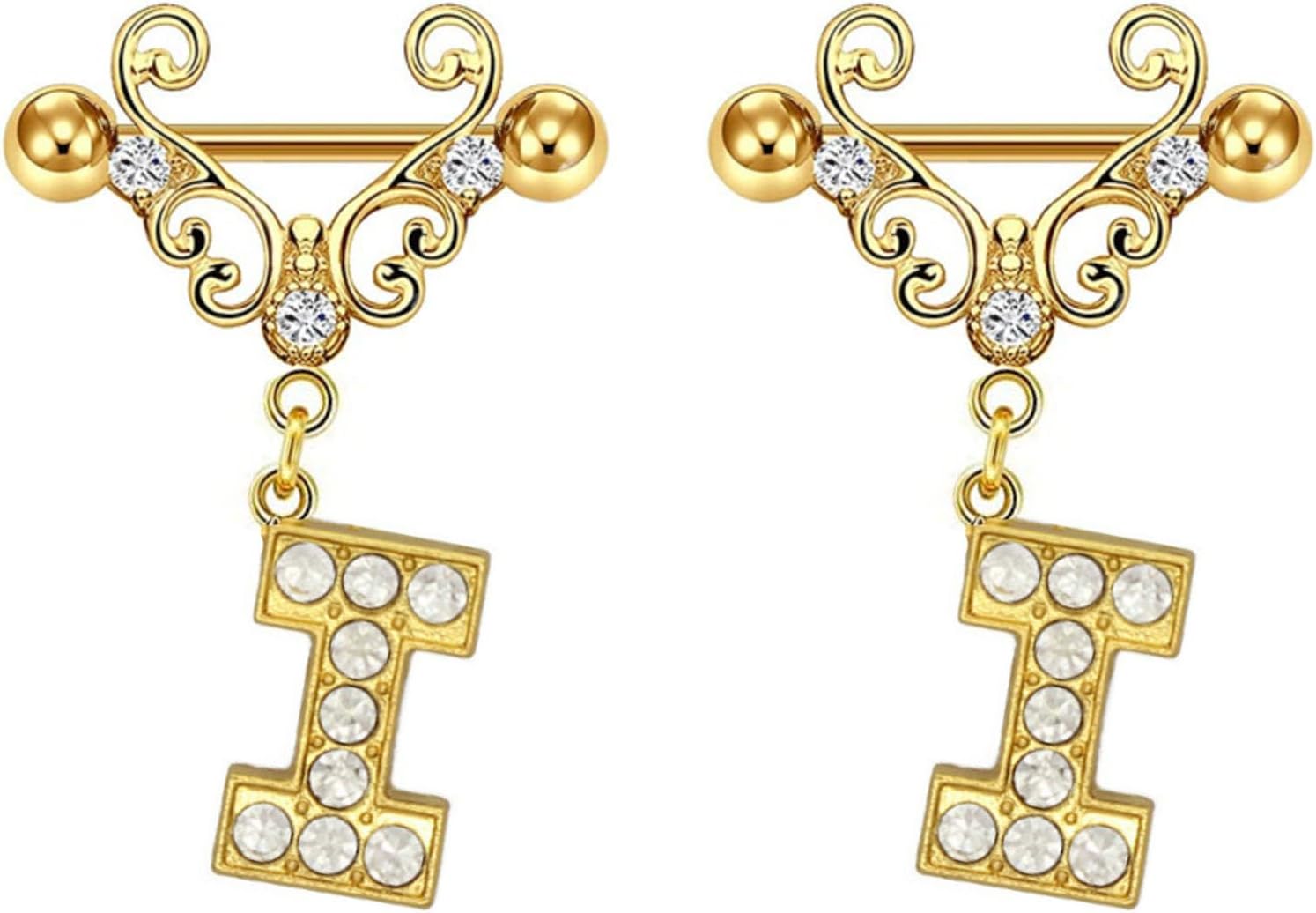 2Pcs Gold Nipple Rings Name Letter Dangle for Women 14GA 316L Surgical Steel Cubic Zirconia Hypoallergenic Nipple Piercing Jewelry - QIAO CrystalQIAO CrystalQIAO Crystal