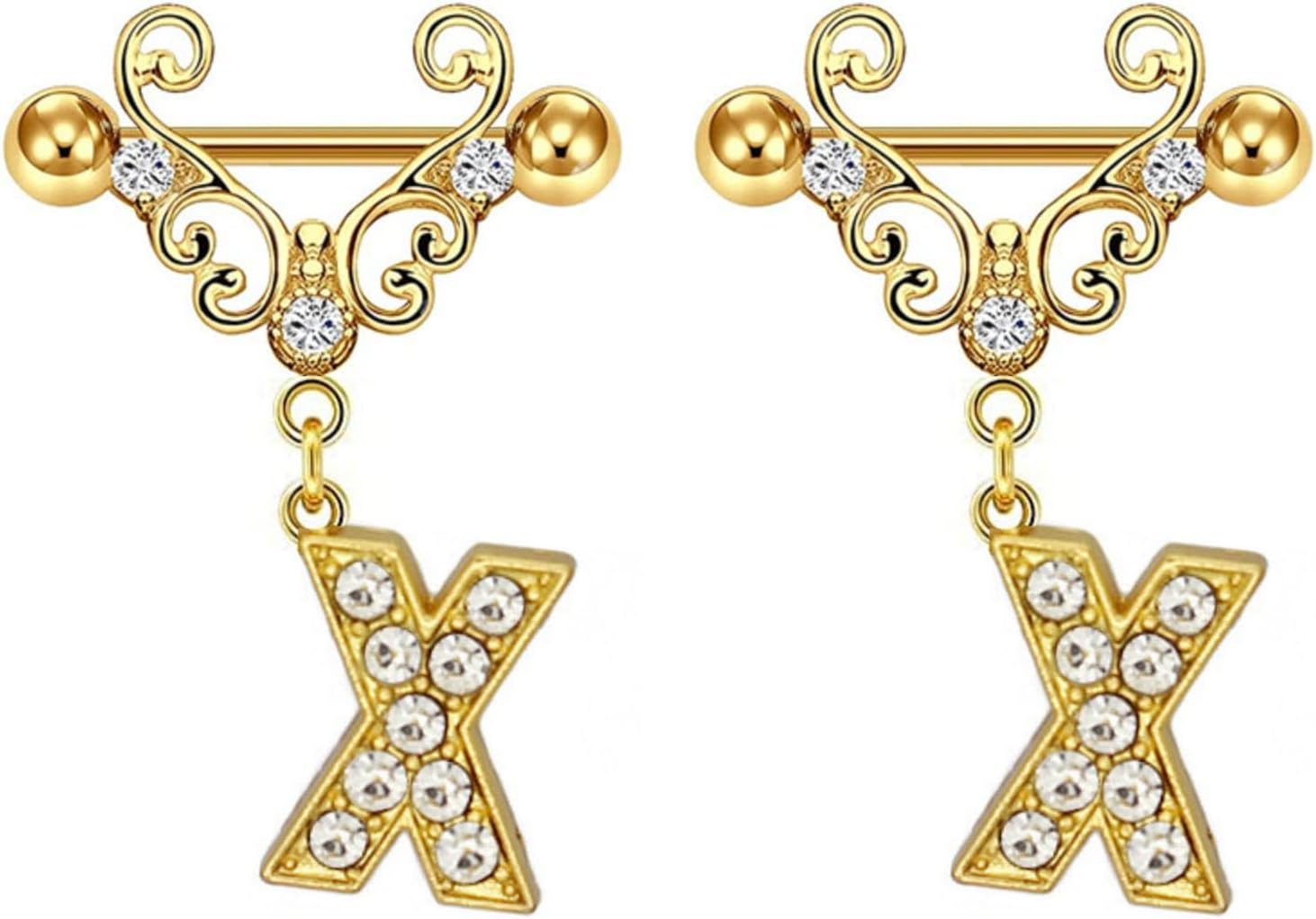 2Pcs Gold Nipple Rings Name Letter Dangle for Women 14GA 316L Surgical Steel Cubic Zirconia Hypoallergenic Nipple Piercing Jewelry - QIAO CrystalQIAO CrystalQIAO Crystal