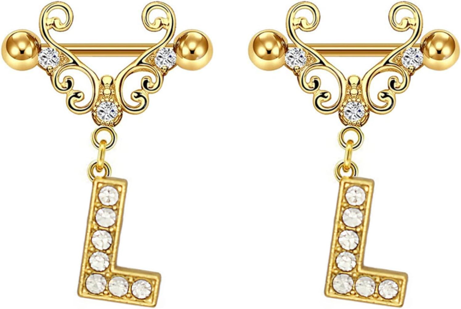 2Pcs Gold Nipple Rings Name Letter Dangle for Women 14GA 316L Surgical Steel Cubic Zirconia Hypoallergenic Nipple Piercing Jewelry - QIAO CrystalQIAO CrystalQIAO Crystal