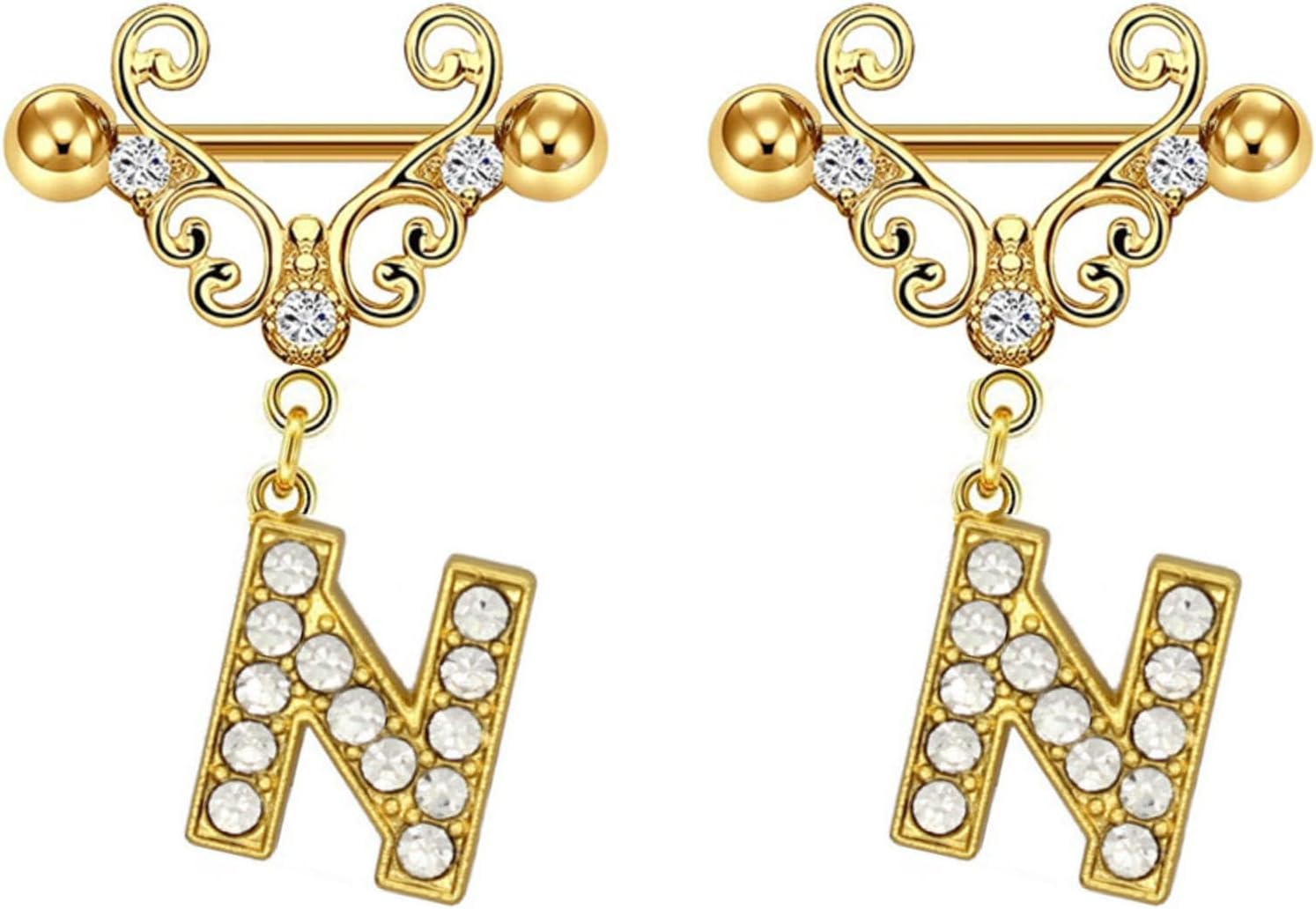 2Pcs Gold Nipple Rings Name Letter Dangle for Women 14GA 316L Surgical Steel Cubic Zirconia Hypoallergenic Nipple Piercing Jewelry - QIAO CrystalQIAO CrystalQIAO Crystal
