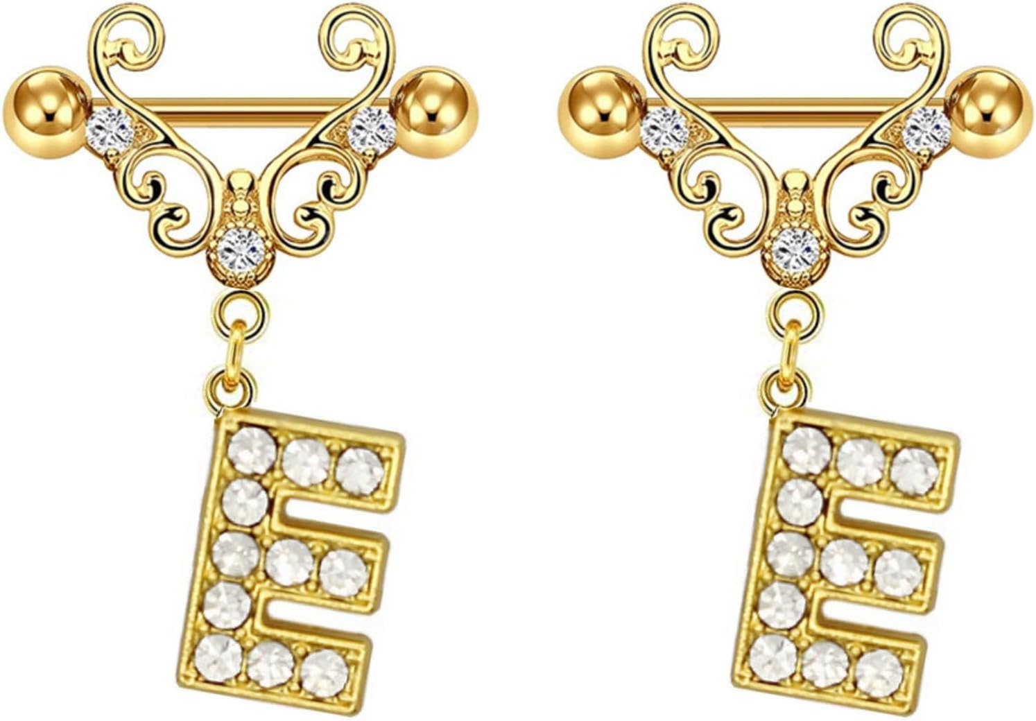2Pcs Gold Nipple Rings Name Letter Dangle for Women 14GA 316L Surgical Steel Cubic Zirconia Hypoallergenic Nipple Piercing Jewelry - QIAO CrystalQIAO CrystalQIAO Crystal