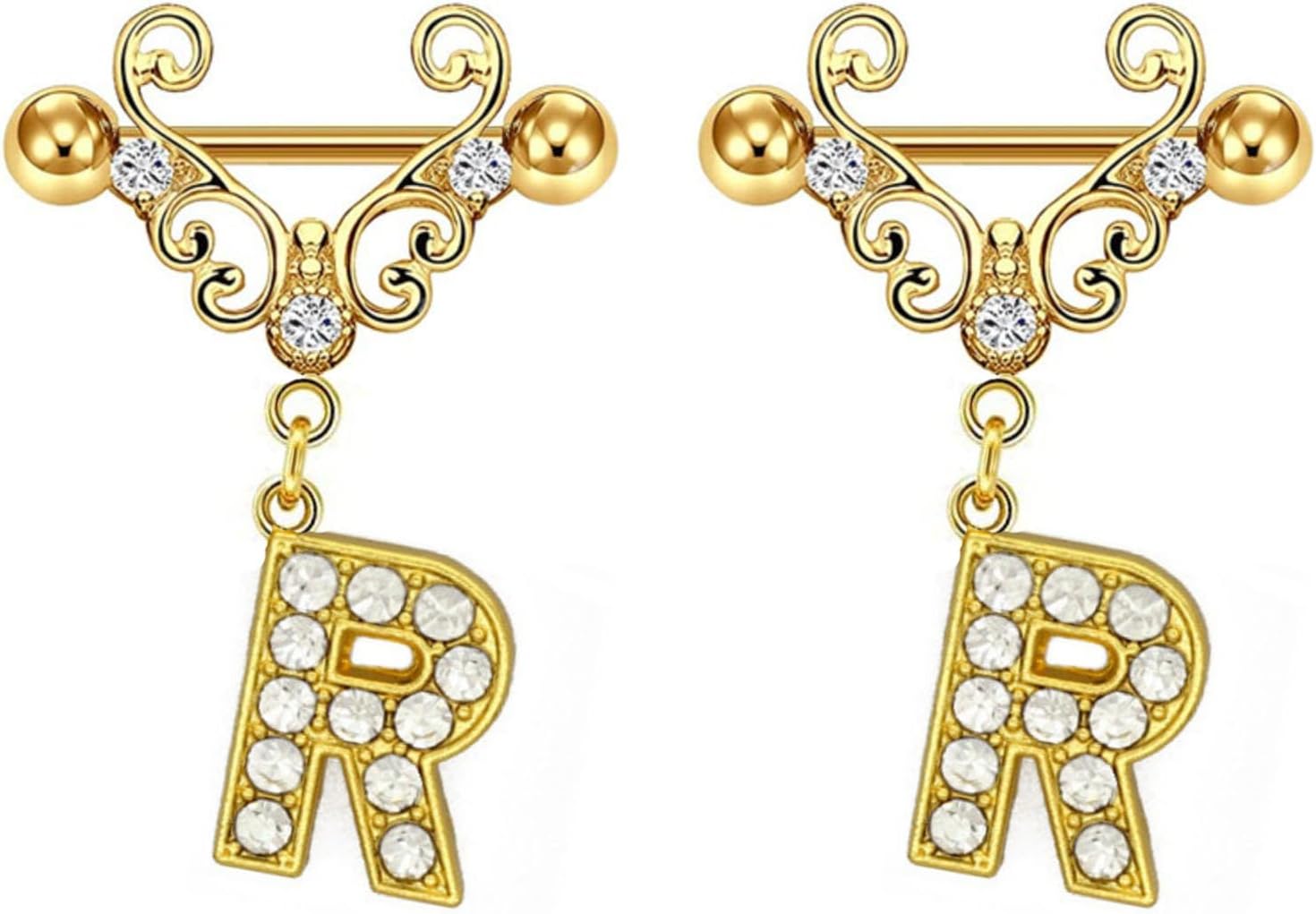 2Pcs Gold Nipple Rings Name Letter Dangle for Women 14GA 316L Surgical Steel Cubic Zirconia Hypoallergenic Nipple Piercing Jewelry - QIAO CrystalQIAO CrystalQIAO Crystal