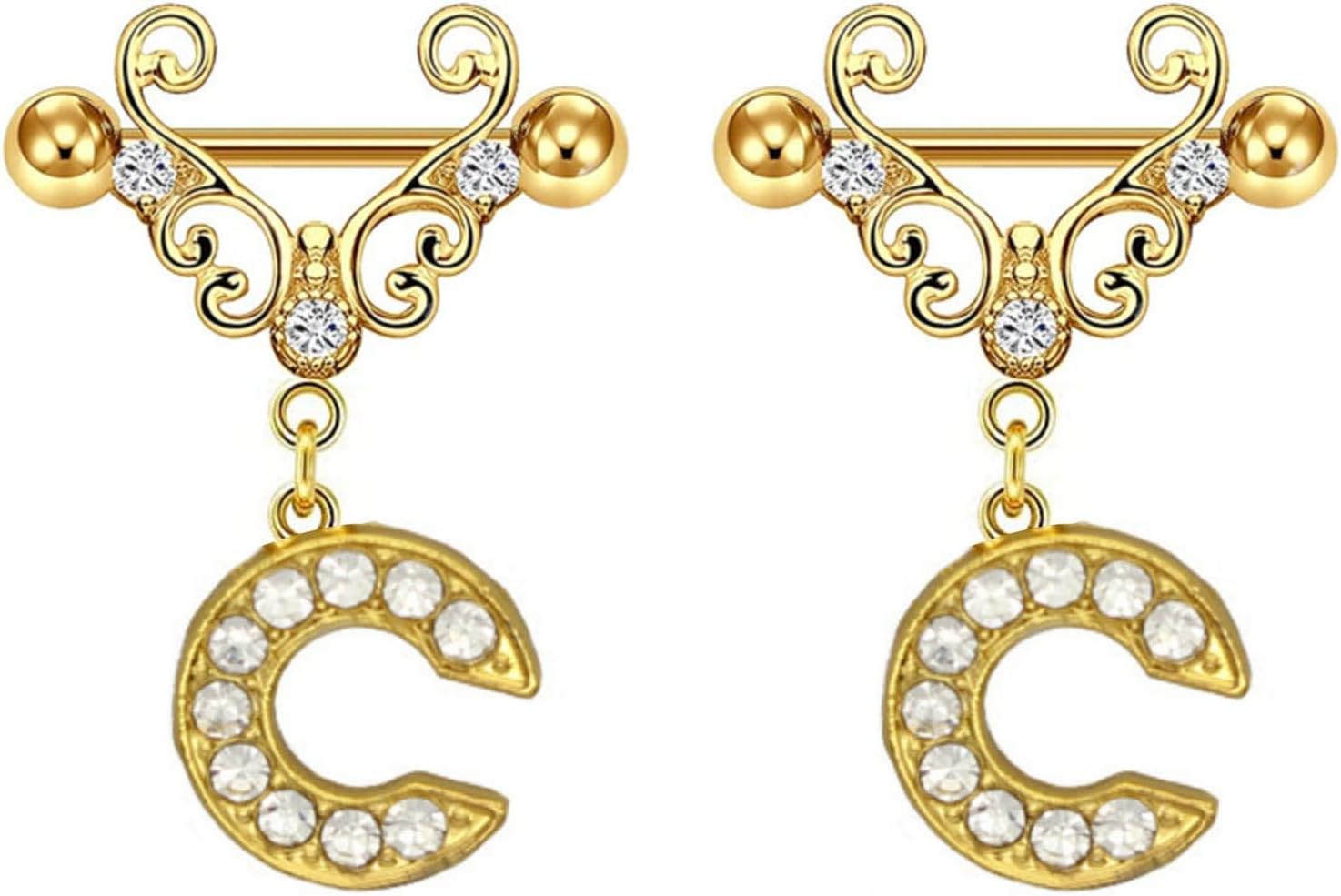 2Pcs Gold Nipple Rings Name Letter Dangle for Women 14GA 316L Surgical Steel Cubic Zirconia Hypoallergenic Nipple Piercing Jewelry - QIAO CrystalQIAO CrystalQIAO Crystal