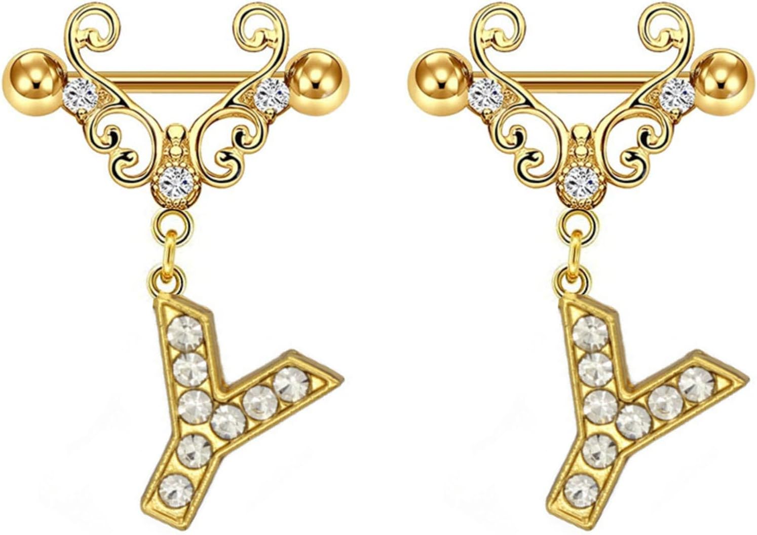 2Pcs Gold Nipple Rings Name Letter Dangle for Women 14GA 316L Surgical Steel Cubic Zirconia Hypoallergenic Nipple Piercing Jewelry - QIAO CrystalQIAO CrystalQIAO Crystal