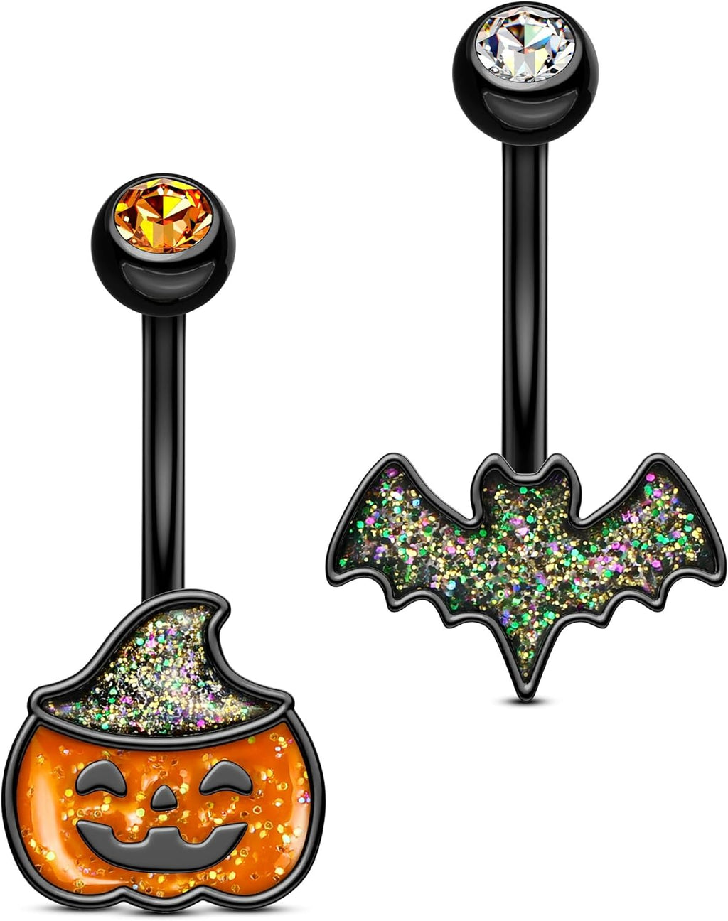 2PCS Halloween Belly Button Rings, Pumpkin Bat Stainless Surgical Steel Belly Button Piercing Jewelry for Women Men, Orange Navel Piercing Jewelry, 14G Black Curved Barbells - 10mm - 我的商店我的商店我的商店