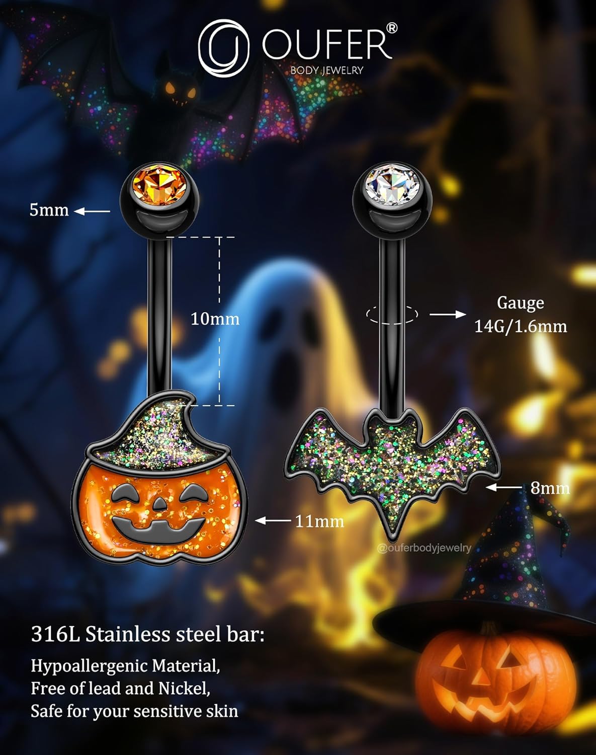 2PCS Halloween Belly Button Rings, Pumpkin Bat Stainless Surgical Steel Belly Button Piercing Jewelry for Women Men, Orange Navel Piercing Jewelry, 14G Black Curved Barbells - 10mm - 我的商店我的商店我的商店