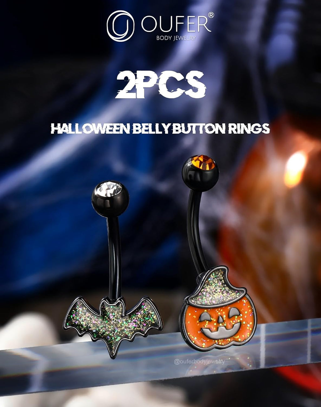 2PCS Halloween Belly Button Rings, Pumpkin Bat Stainless Surgical Steel Belly Button Piercing Jewelry for Women Men, Orange Navel Piercing Jewelry, 14G Black Curved Barbells - 10mm - 我的商店我的商店我的商店