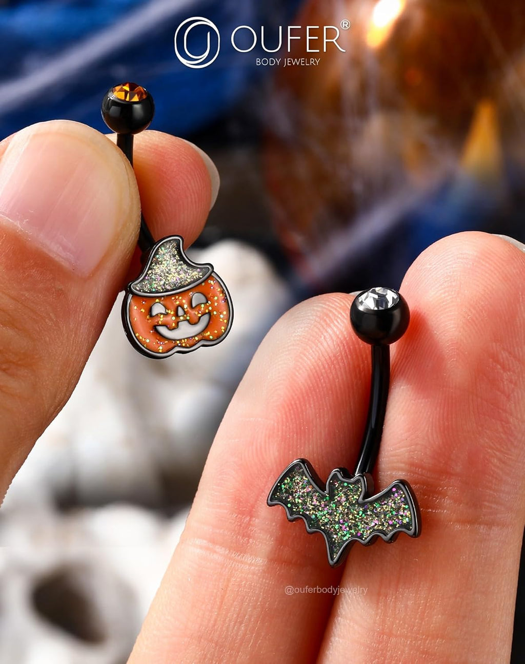 2PCS Halloween Belly Button Rings, Pumpkin Bat Stainless Surgical Steel Belly Button Piercing Jewelry for Women Men, Orange Navel Piercing Jewelry, 14G Black Curved Barbells - 10mm - 我的商店我的商店我的商店