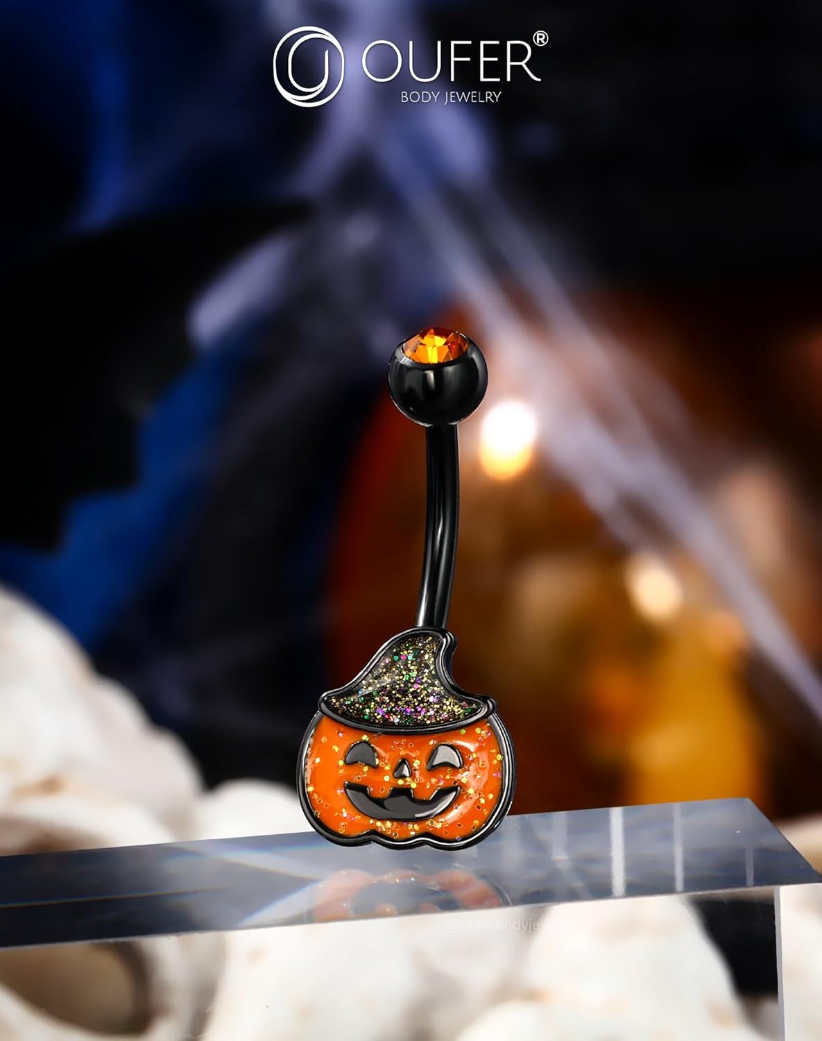 2PCS Halloween Belly Button Rings, Pumpkin Bat Stainless Surgical Steel Belly Button Piercing Jewelry for Women Men, Orange Navel Piercing Jewelry, 14G Black Curved Barbells - 10mm - 我的商店我的商店我的商店