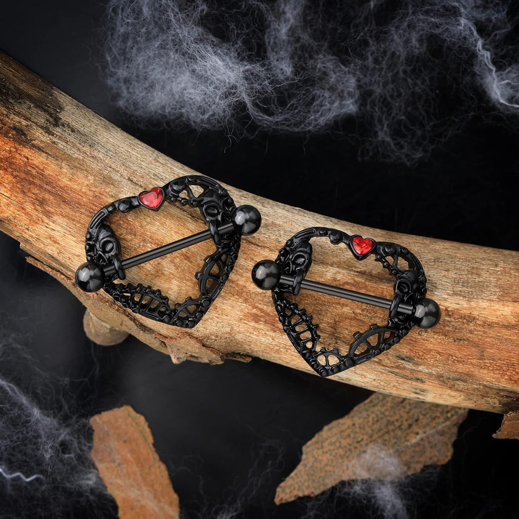 2pcs Halloween Heart Nipple Rings 14g Black Gothic Piercing Jewelry for Women Goth Barbell Cute 14mm Bar - QIAO CrystalQIAO CrystalQIAO Crystal
