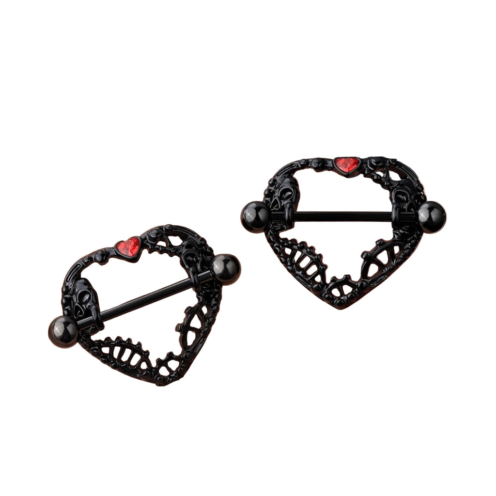 2pcs Halloween Heart Nipple Rings 14g Black Gothic Piercing Jewelry for Women Goth Barbell Cute 14mm Bar - QIAO CrystalQIAO CrystalQIAO Crystal